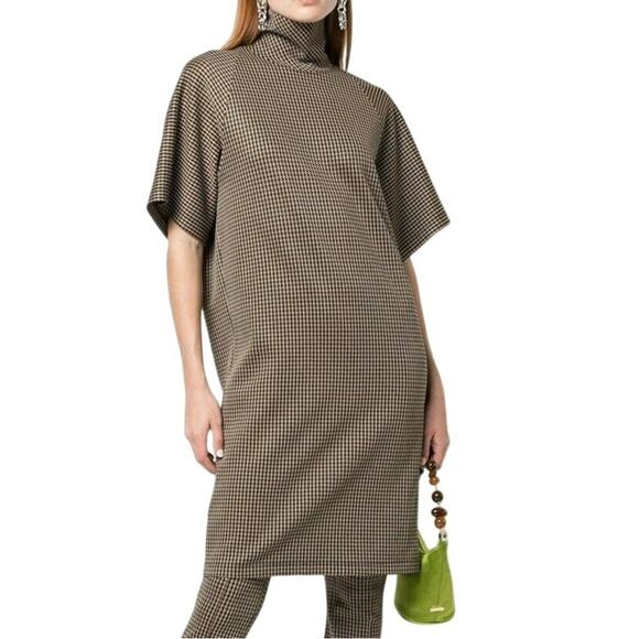 ROSETTA GETTY XS $750 Brown‎ Camel Houndstooth Cocoon Turtleneck Dress Lagenlook - Picture 1 of 12